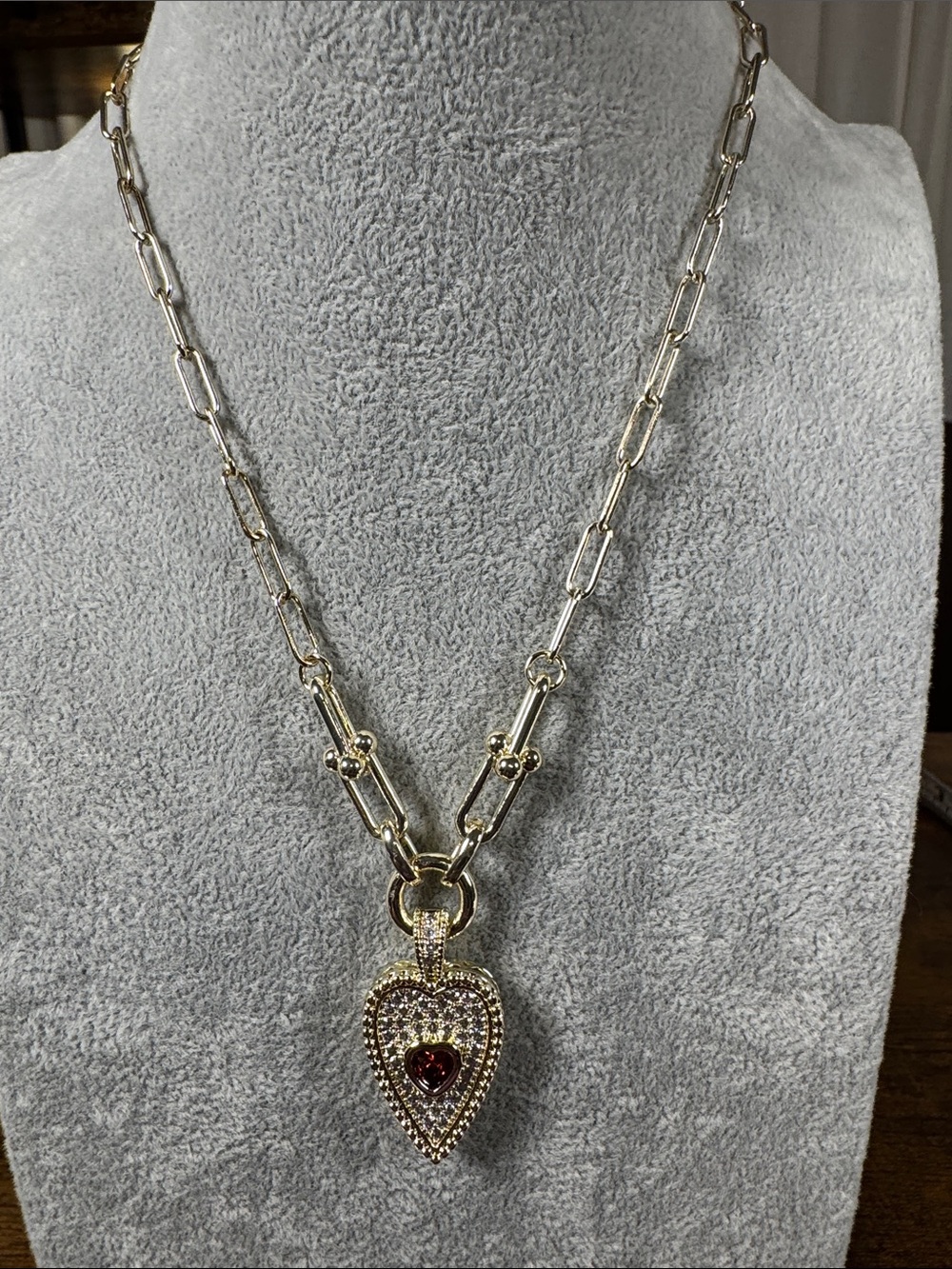 Gold-Tone Heart Pendant Necklace with Red Crystal and Pave’ Accents